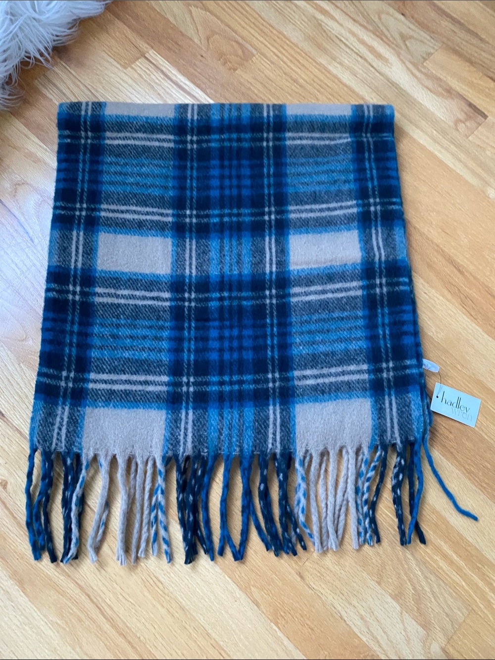 Plaid Fringe Wrap Scarf in Tan and Teal
